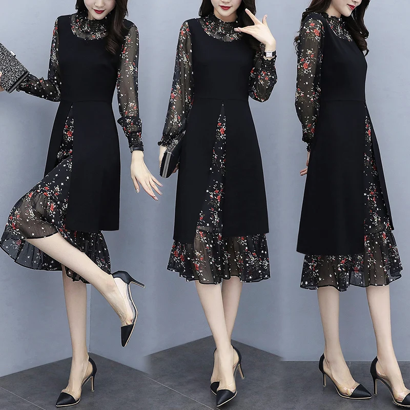 

Plus Summer Spring Size Dress Women Floral Chiffon Elegant Dress Fake Two Piece Long Sleeve Vestidos Mujer D1932 KJ2158