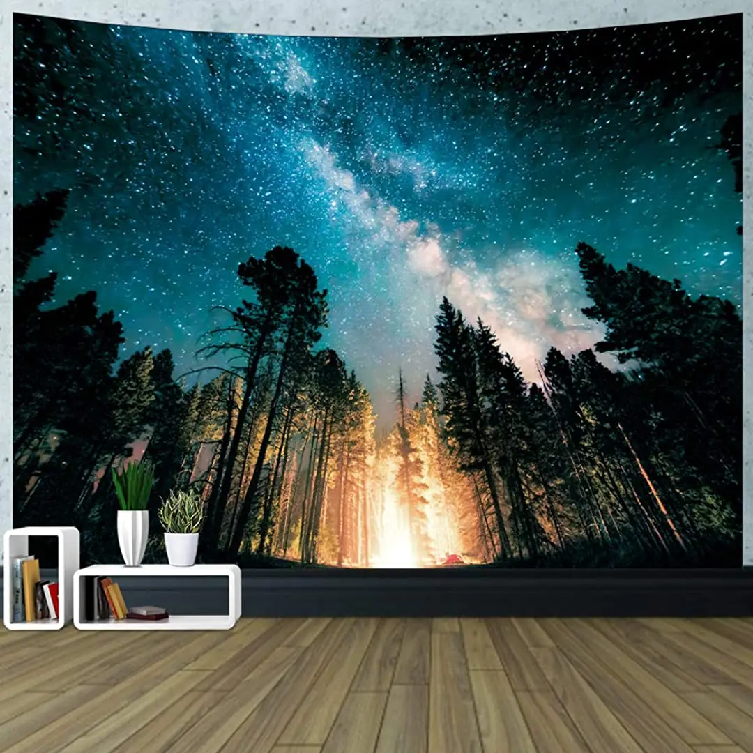 Forest Starry Tapestry Wall Hanging Campfire Night Sky Galaxy Nature Tree | Дом и сад