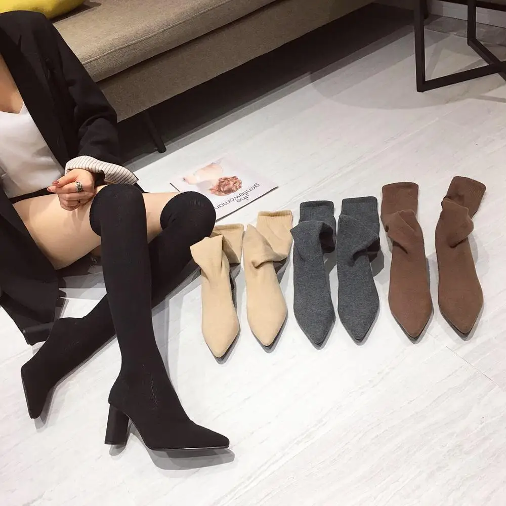 Women High Heel Boots Women Sock Boots Over The Knee Pointed Toe Elastic Fabric Boots Woman Slip On Thick High Heels Stretch Woman Black Brown
