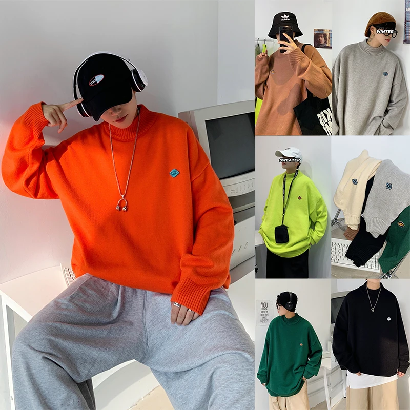 

Men's Solid Color Sweaters Casual Oversize Woman Pullovers Korean Streetwear Fashion 2020 Winter Male Clothing Knitted Men