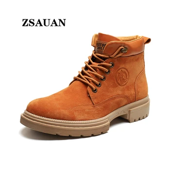 

ZSAUAN Platform Thick Sole Fashion Men Boots Pig Genuine Leather Casual Ankle Boots Comfortable Yellow Brown