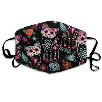 

Swono Mask Cat,Day of The Dead Halloween Cats with Colorful Flowers Polyester Anti Dust Face Mask-Washable and Reusable Mask for