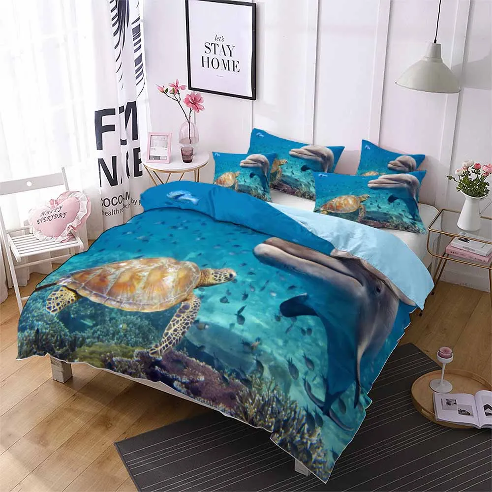 

Sea Life Blue Bedding Set Turtle Dolphin Comforter Set Queen King Double Bed Linen Set Pillowcase Girl Duvet Cover Set 2/3pcs