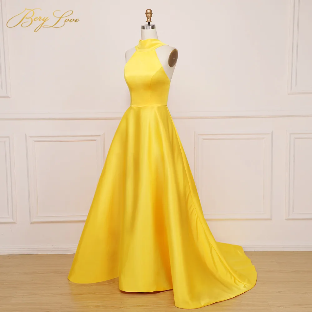 BeryLove ярко-желтое официальное вечернее платье ТРАПЕЦИЕВИДНОЕ вечернее платье с открытой спиной и вырезом на спине длинное платье для выпускного вечера Robe De Soire