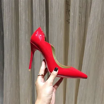 

Leather Pointed Toe Patent Super High Heel Stiletto Geniune Leather Shallow Sexy Side Empty Female Wedding Luxury Women pumps