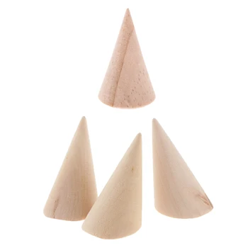 

4pcs Retro Cone Shape Wooden Wood Jewelry Display Wedding Ring Holder DIY Decoupage