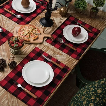 

Buffalo Plaid Placemat Gingham Plaid Check Set 4 Double 30*45cm Cotton Meal and 30x180cm Table Mat Banquet Decoration