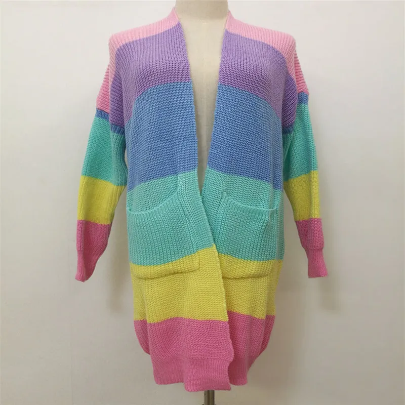

Lychee Lady Style Rainbow Stripe Women Knitted Cardigan Sweater Hit Color Patchwork Women Sweater Loose Autumn Lady Sweater