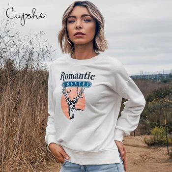 

CUPSHE White Elk Long Sleeve O-neck Hoodie Woman Casual Loose Sweatshirts Pullovers Tops 2020 Spring Autumn Sportswears