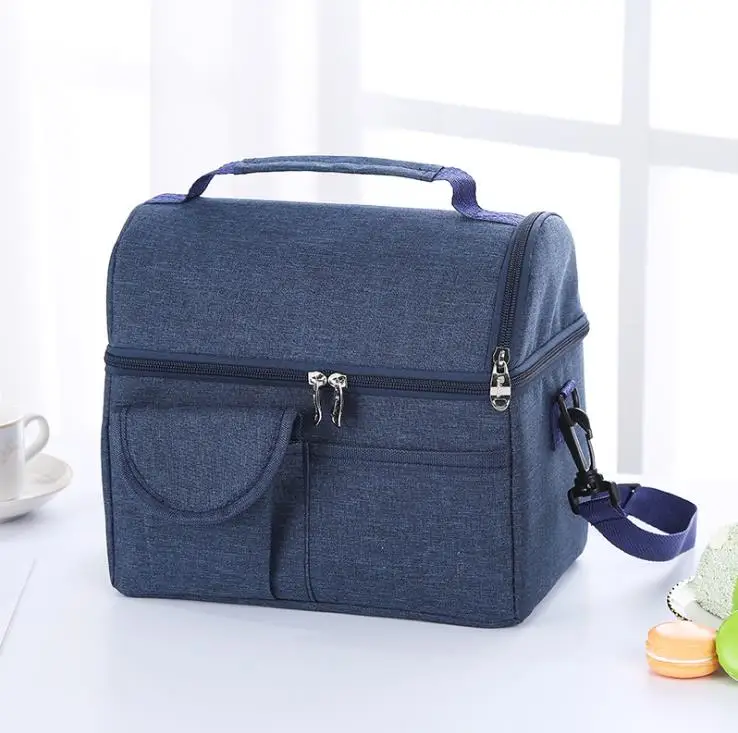 Navy Blue Большая вместительная тканевая сумка для ланча на молнии, сумка для хранения, двухслойная Термосумка-холодильник для еды, молока, коробка для хранения - Цвет: Navy Blue