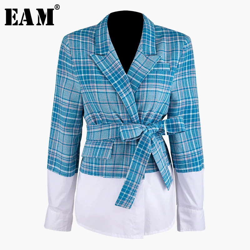 

[EAM] Loose Fit Bow Bandage Button Pockets Plaid Jacket New Lapel Long Sleeve Women Coat Fashion Tide Spring Autumn 2020 JZ269