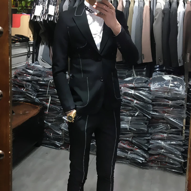 Trajes De Hombre British Style Slim Suit Two-piece Suit Nightclub Rivet Coat Smoking Homme Mariage Fashion Korea Male