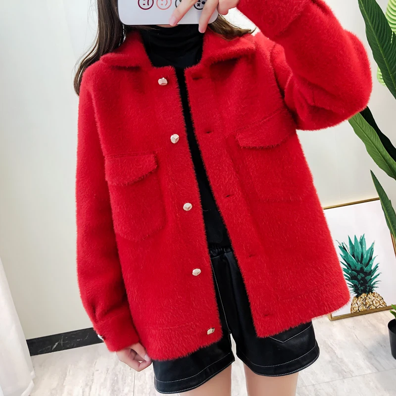 

Autumn Winter Fashion knitted Cardigan Women Mink Cashmere Sweater 2019 Button Pockets Tops Long Sleeve Thick Loose Female Coat