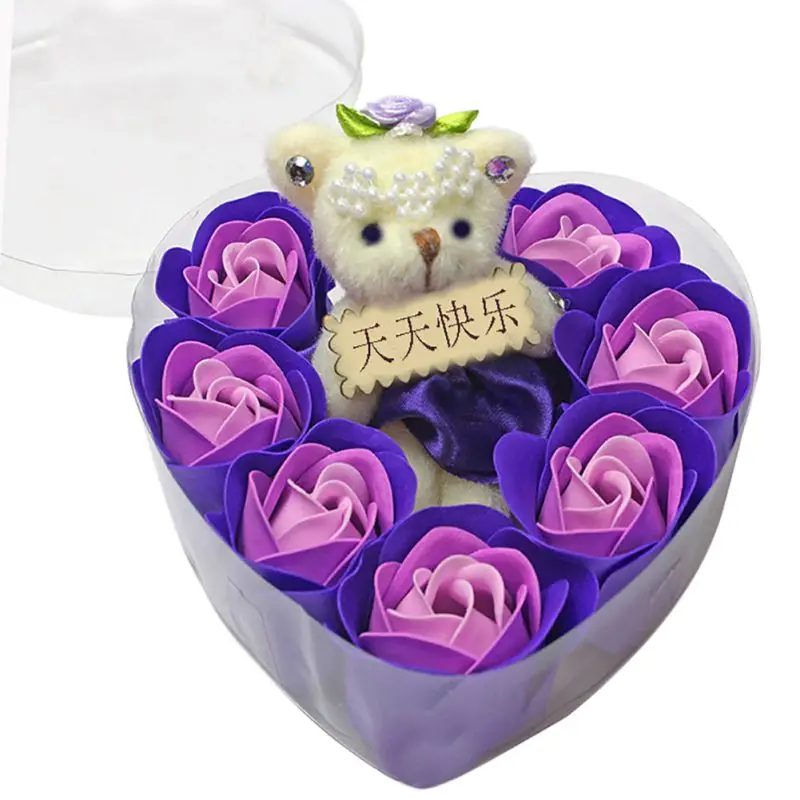 

7 pcs Valentine's Day Scented Rose Flower Petal Bouquet Gift Box With Bear Bath Body Soap Gift Wedding Party Favor NM