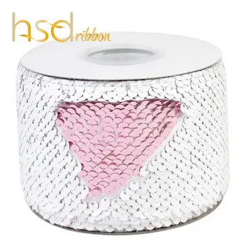 

HSDRibbon 75mm double color White series Sequin Fabric Reversible Glitter Sequin Ribbon 25Yards per Roll for diy bows