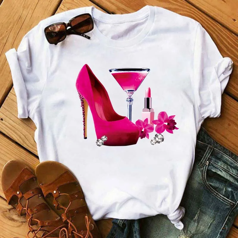 Maycaur T-Shirt Women Rose Gold Wine Glasses Print White and Black T-Shirt Summer Casual Loose Plus Size T Shirt Female Tops Tee cute summer crop tops