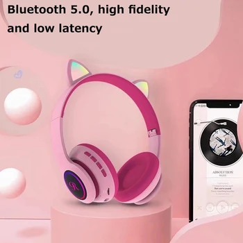 

Bluetooth Headphone Cat Ear Wireless Headset With Mic LED Lighting Gaming Headset Cute Style Headset for Kids and Stundents