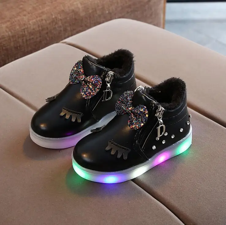 Dihope Children's Winter Glowing Sneakers For Kids Bow-knot Fashion Warm Sport Footwear For Infant Boys Girls Light Casual Shoes