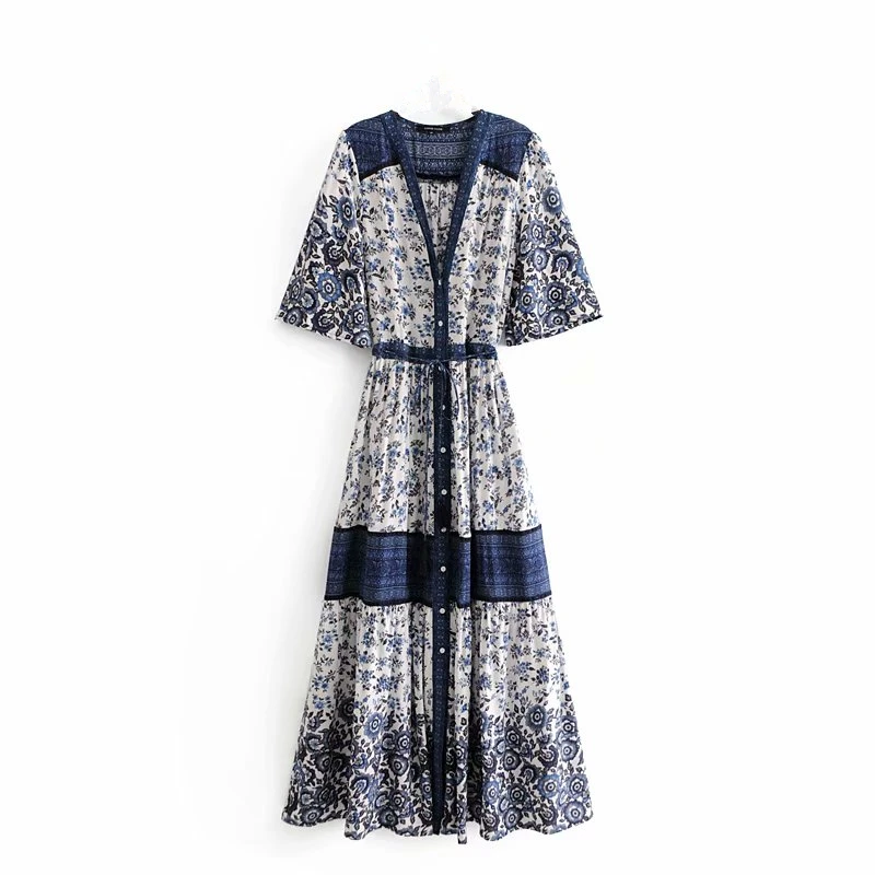 Boho шикарные женские платья, красные цветочные принты, рукав летучая мышь, пляжные богемные вискозные Хлопковые Платья-макси, Дамское богемное платье с v-образным вырезом и кисточками