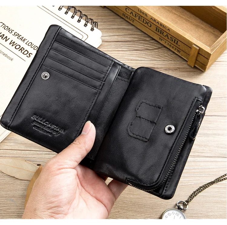 BULLCAPTAIN CASUAL Short Trifold Hasp Zipper Wallet MEN Coffee Cow Leather Wallet Coin Pocket Money Purse Bag Card Holder