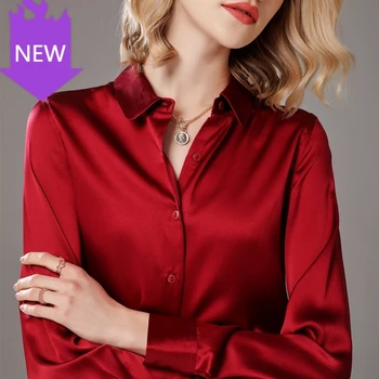

Collar Office Chic Blouse Shirt White Elegant Shirt Blouses Woman 19MM Heavy Silk Satin Basic Solid Turn Down