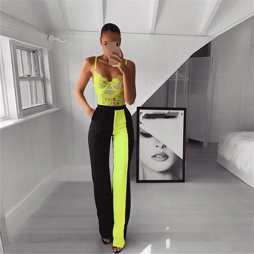 

2019 Elegant Patchwork Straight Trousers Women Streetwear Casual High Waist Pants Office Summer Reflective Pants