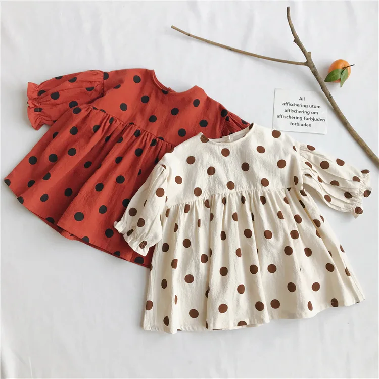 Online 2019 Spring New Baby Girl Dress Linen Cotton Children Dresses Polka Dot Printed Lantern Sleeve Princess Girl Dress Wholesale