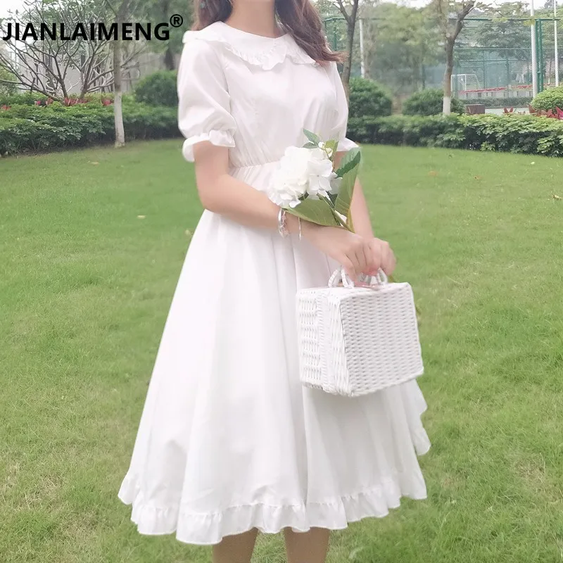 Japanese Summer Lolita Style White Dress Peter Pan Collar High Waist Princess Fairy Elegant Cute Kawaii Girl Ruffles | Женская одежда