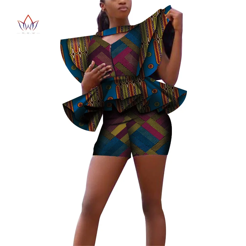 Африканский принт летние комплекты для женщин Базен размера плюс Африканский комплект топы+ шорты Женская традиционная африканская одежда WY4262