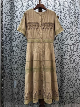 

2020 Spring and Summer New Women's round Neck Lace Embroidered Hollow Button Short Sleeve Long Dress 622