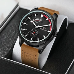 FORSINING relojes informales para hombre, pulsera mecánica multifunción con correa de cuero, cronómetro, con calendario, a la moda