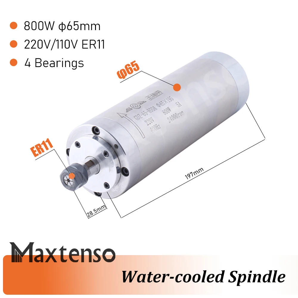 MAXTENSO 0.8KW 220V 110V Water cooling Spindle Motor CNC 800W 65mm ER11 Water-cooled for Engraving Milling Machine GDZ65-800A