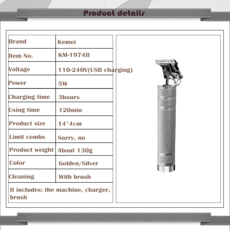 Kemei KM-1974 Hair Clipper Cordless Trimmer Men 0mm Baldheaded hair trimmer Hair Cutting Machine
