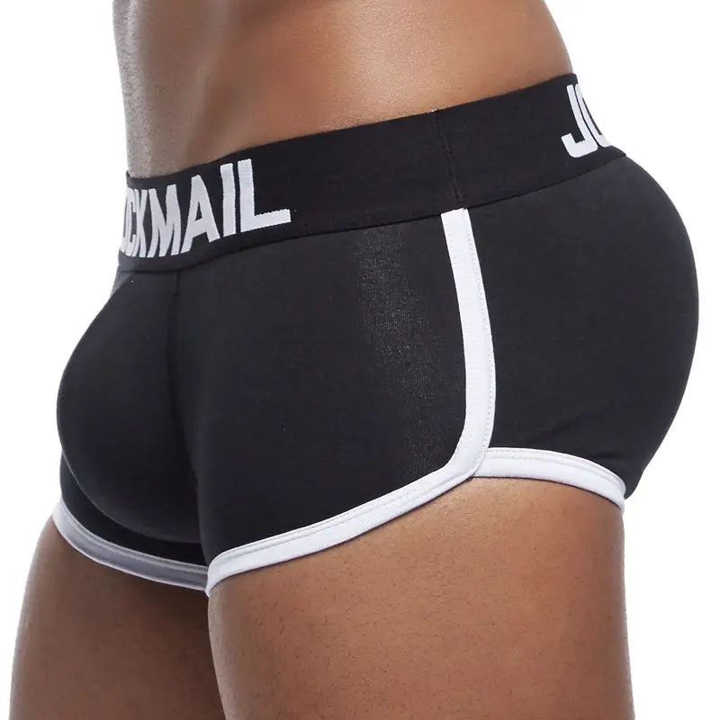 JOCKMAIL, мужское нижнее белье, трусы-боксеры с изображением Мужские шорты для купания с Сексуальные трусы с мешочком для пениса усиление выпуклости Передний+ задний Двойная съемная пуш-ап чашки - Цвет: Черный
