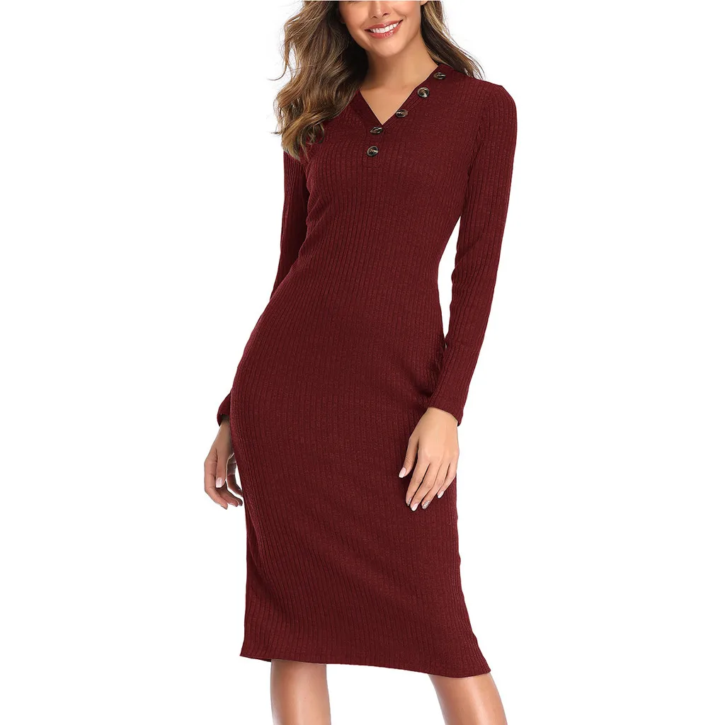 

JAYCOSIN 2019 Autumn Dresses Women's Sexy V-Neck Button Solid Color Long Sleeve Knit Dress Stretch Slim Sweater Mid-Calf Dress