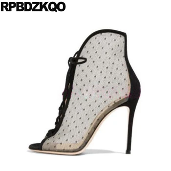 

summer high heel designer shoes women luxury 2019 boots lace up polka dot ankle sandals booties black peep toe stiletto mesh