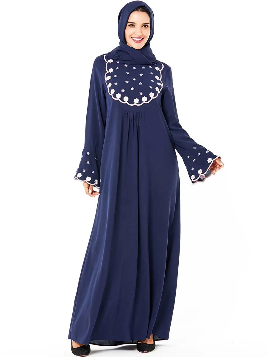 BNSQ мусульманских женщин хиджаб с длинными рукавами платье макси-платье Абая jalabiya Исламская одежда для женщин халат кафтан Модная Джинсовая куртка с вышивкой