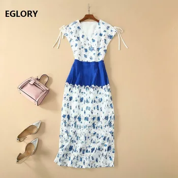 

Sexy Deep V-Neck Long Dresses 2020 Spring Summer Party Club Women Crochet Lace Print Patchwork Vintage Blue White Pleated Dress