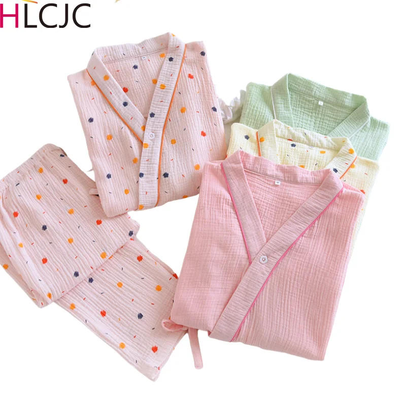 

New 100% Cotton Crepe Women Long Sleeved Trousers Pajama Set V-Neck Cartoon Pajamas Kimono 2 Piece Soft Household Suit Pyjamas