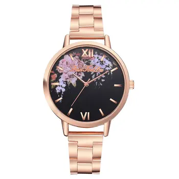 

Gold Stainless Steel Strap Black Dial Pink Flowers Pattern Luxury Fashion Cheap Women Quartz Watch Men Valentine Gift 2018 Sport