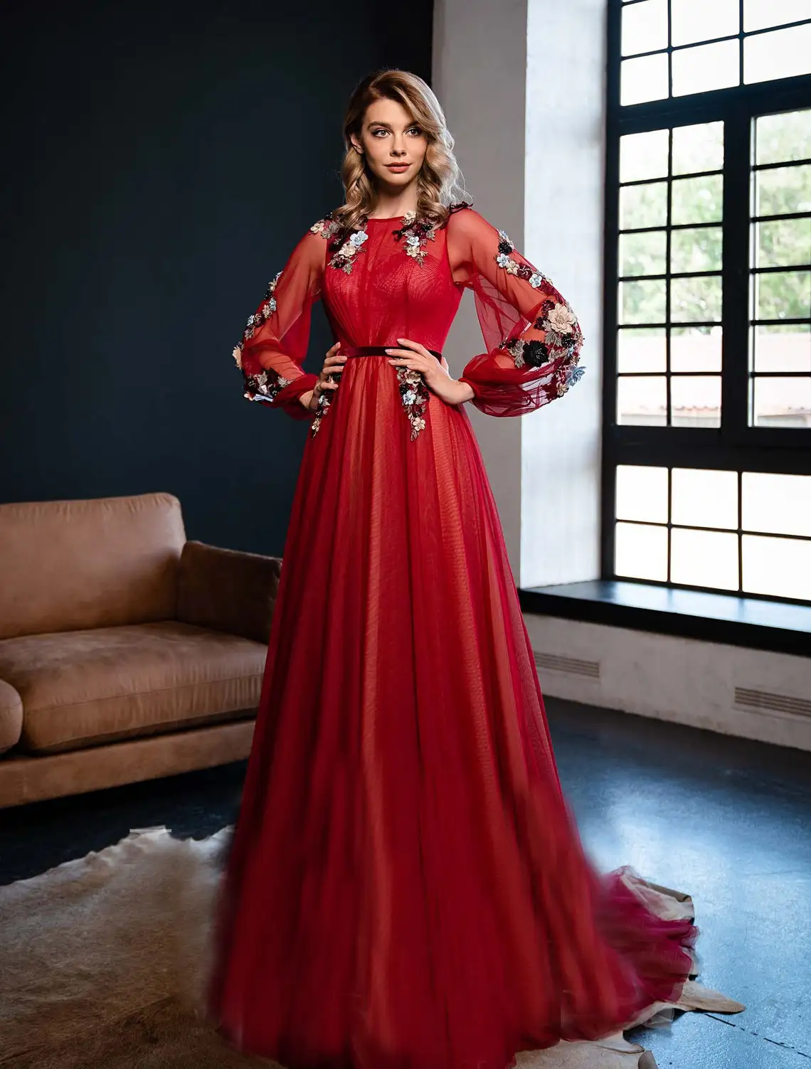 

Элегантное Тюлевое платье с длинными рукавами и цветами, гостевое платье невесты, мягкое кружевное Тюлевое вечернее платье с цветочным рис...