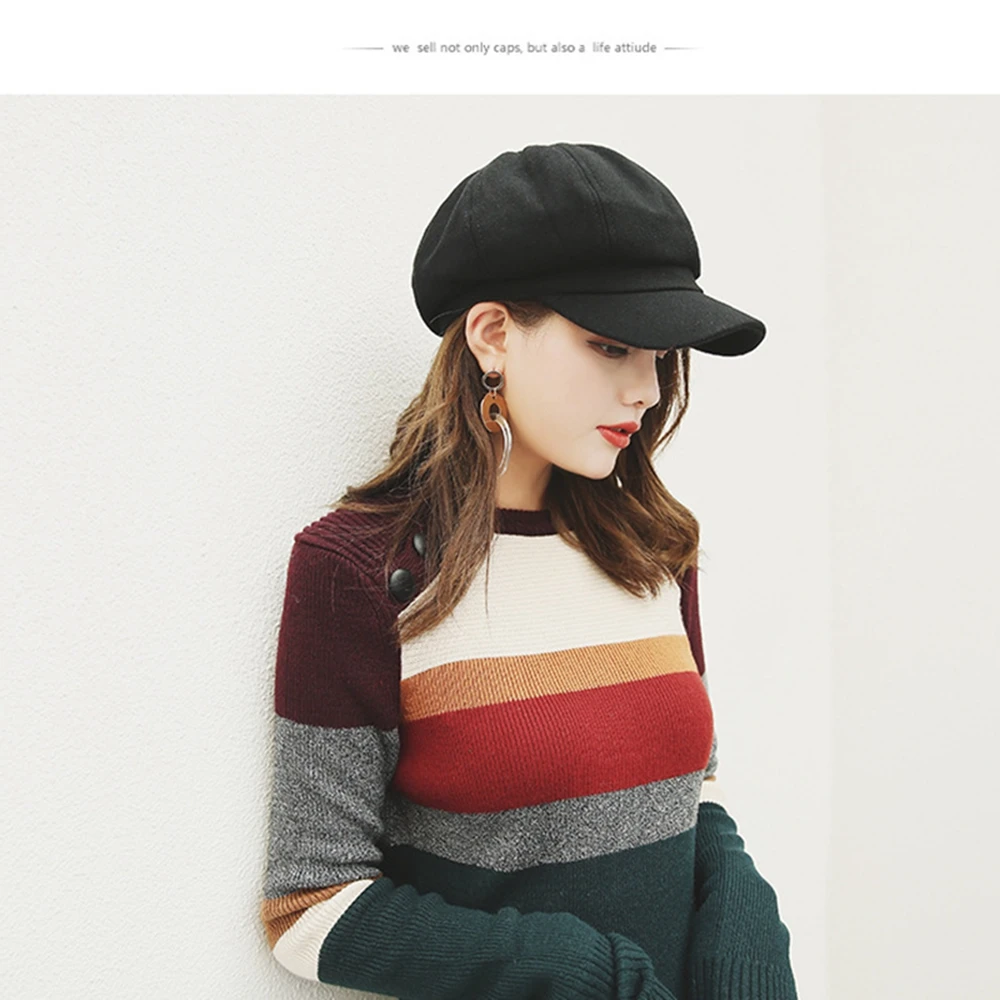 Fashion women's wool beret hat British style retro solid color octagonal hat female winter thick warm hat visor