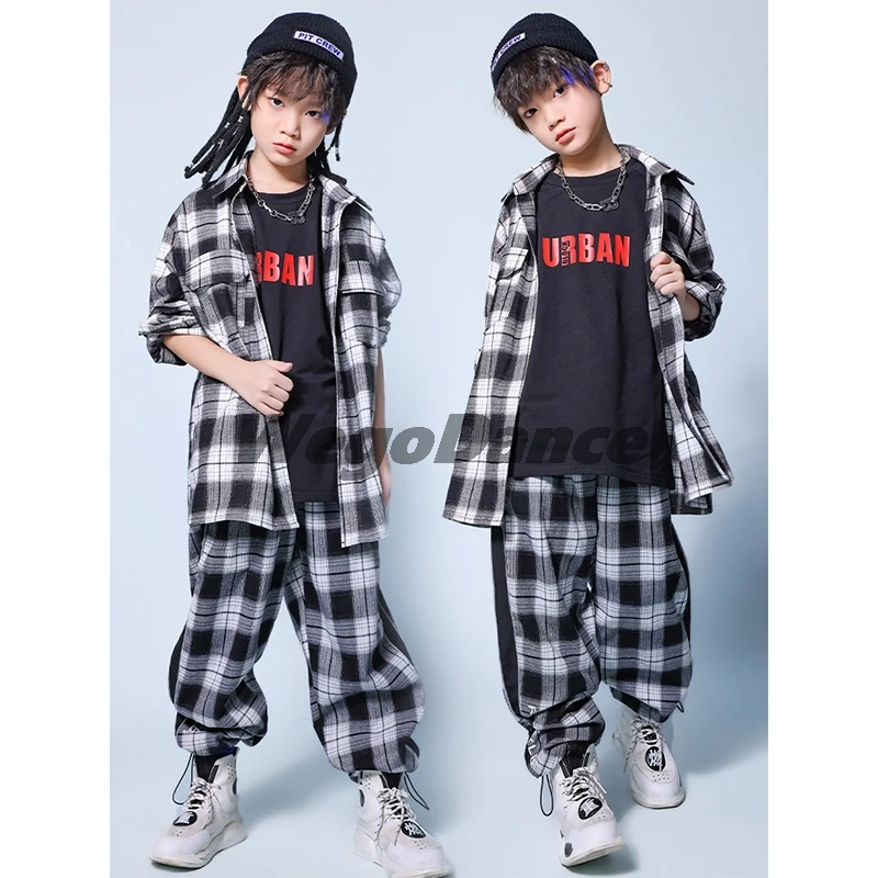 

Children's Hip-hop Jazz Dance Street Dance Performance Costume Boys Girls Loose Long Sleeve Yellow Plaid Shirts Trousers