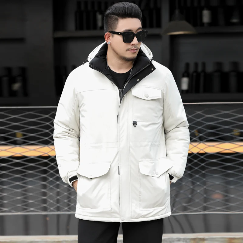 Большие размеры, новая мужская зимняя куртка, пальто, модная качественная хлопковая стеганая, защищающие от ветра толстые теплые мягкие Брендовые мужские парки с капюшоном - Цвет: Rice white