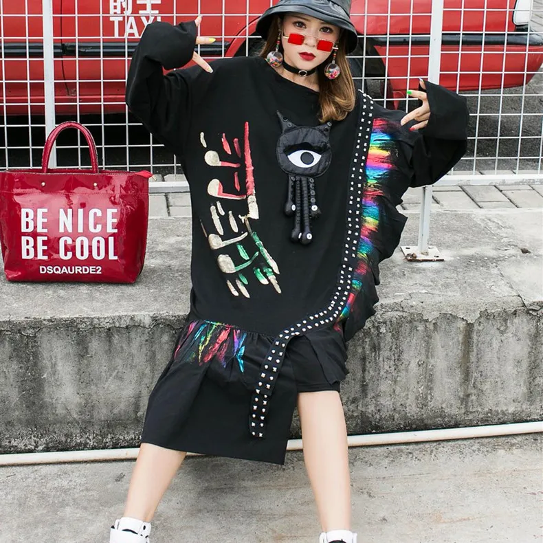 

Popular Brand Large Size Dress 2019 Autumn And Winter New Style Painting Joint Doll Decoration Loose-Fit Long Dress Women's