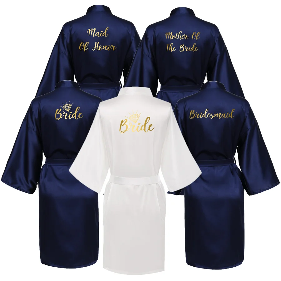 

Owiter Women Navy Gold Satin Silk Bridal Wedding Robe Mother Sister of The Bride Dressing Gown Maid of Honor Bridesmaid Robes