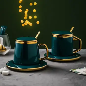 

Luxury Coffee Mug Dark Green with Phnom Penh Gold Ceramics Mugs with Saucer & Spoon Set for Kitchen Accessories Cups for Coffee