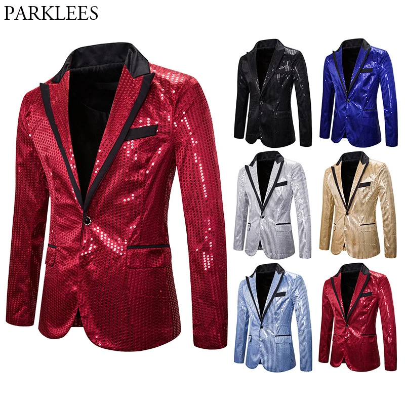 

Red Glistening Sequin Blazer Jacket Men Stage Christmas Party Prom Mens Blazers Patchwork One Button Paillette Costume Homme 2XL