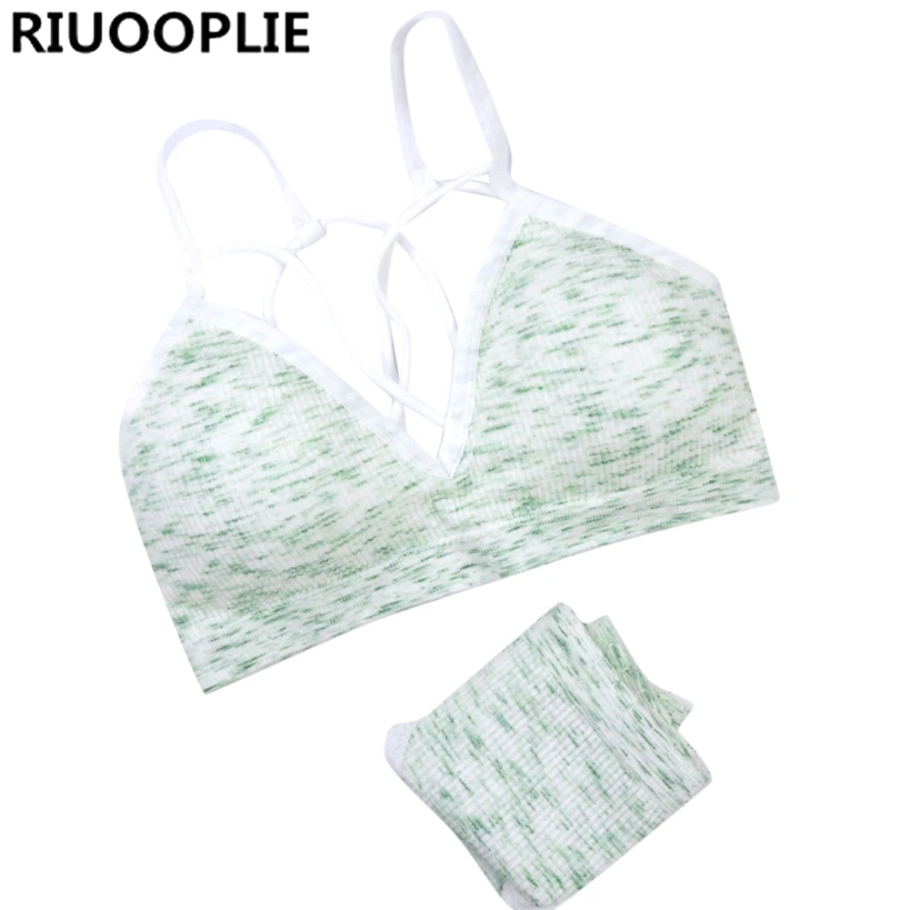 Green RIUOOPLIE, модный сексуальный женский комплект с бюстгальтером, трусы с бретельками-спагетти, беспроводной бюстгальтер без косточек, спортивные комплекты нижнего белья, Свободный жилет - Цвет: Green