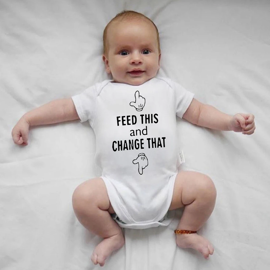 

Newborn Baby Funny Romper Feed This and Change That Print Infant Short Sleeve Cotton Jumpsuit Toddler Unisex Cute Soft Playsuit
